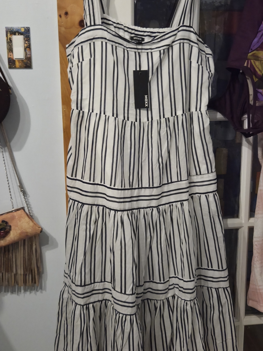 Mexx White Dress with Black Vertical Stripes